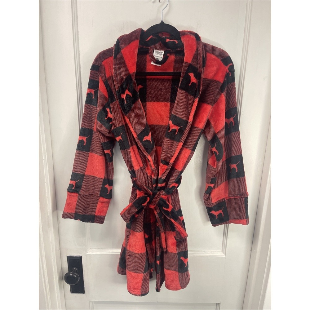 VS PINK Red Plaid Dog Logo Robe XS